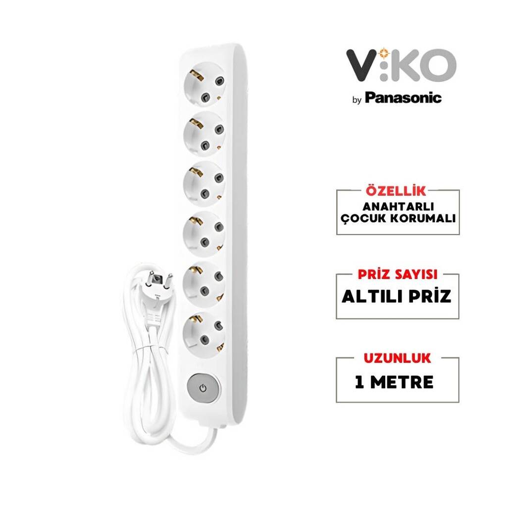 Viko Altılı Çoklu Priz, Anahtarlı, Uzatma Kablosu, 6lı, 1m, Beyaz