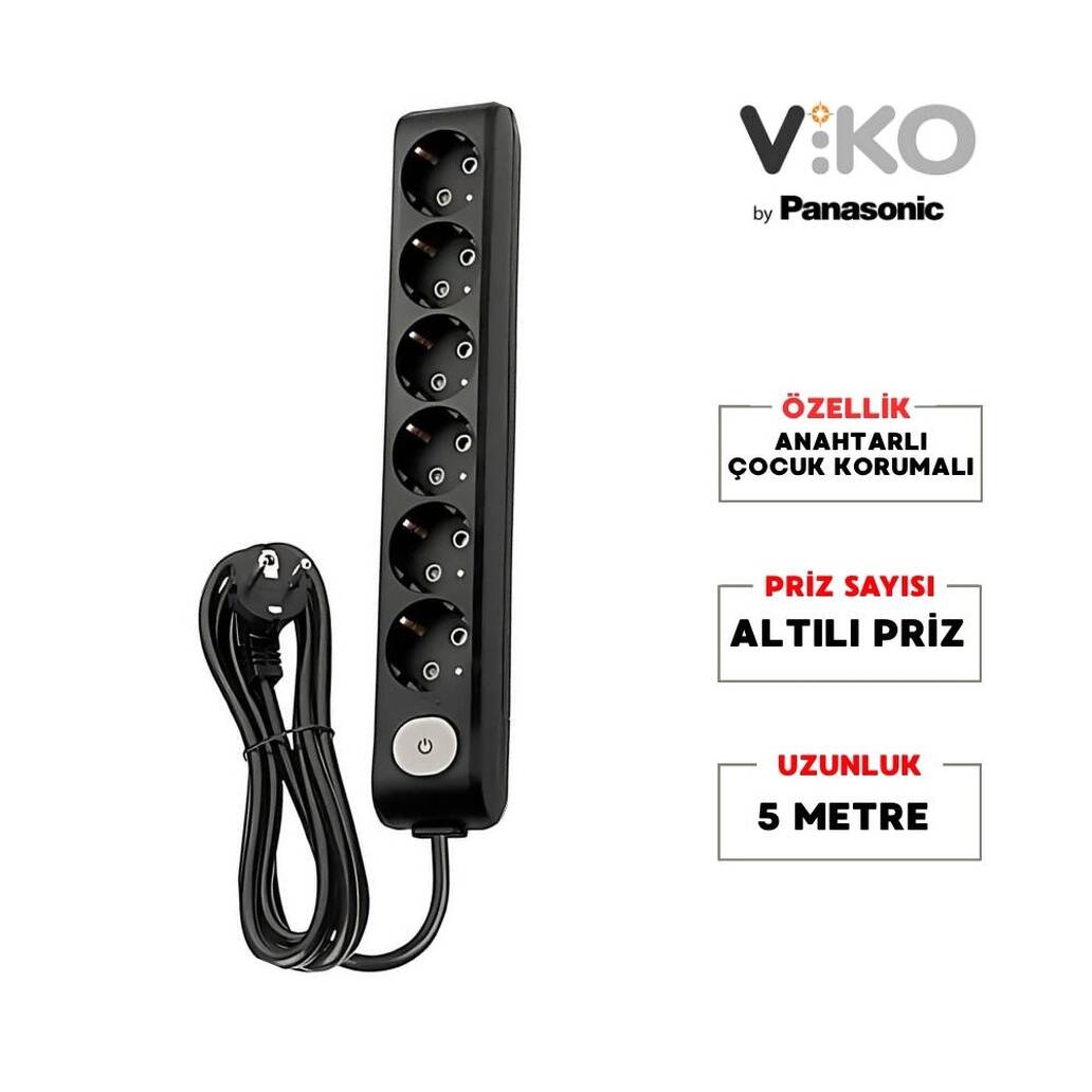 Viko Altılı Çoklu Priz, Anahtarlı, Uzatma Kablosu, 6lı, 5m, Siyah