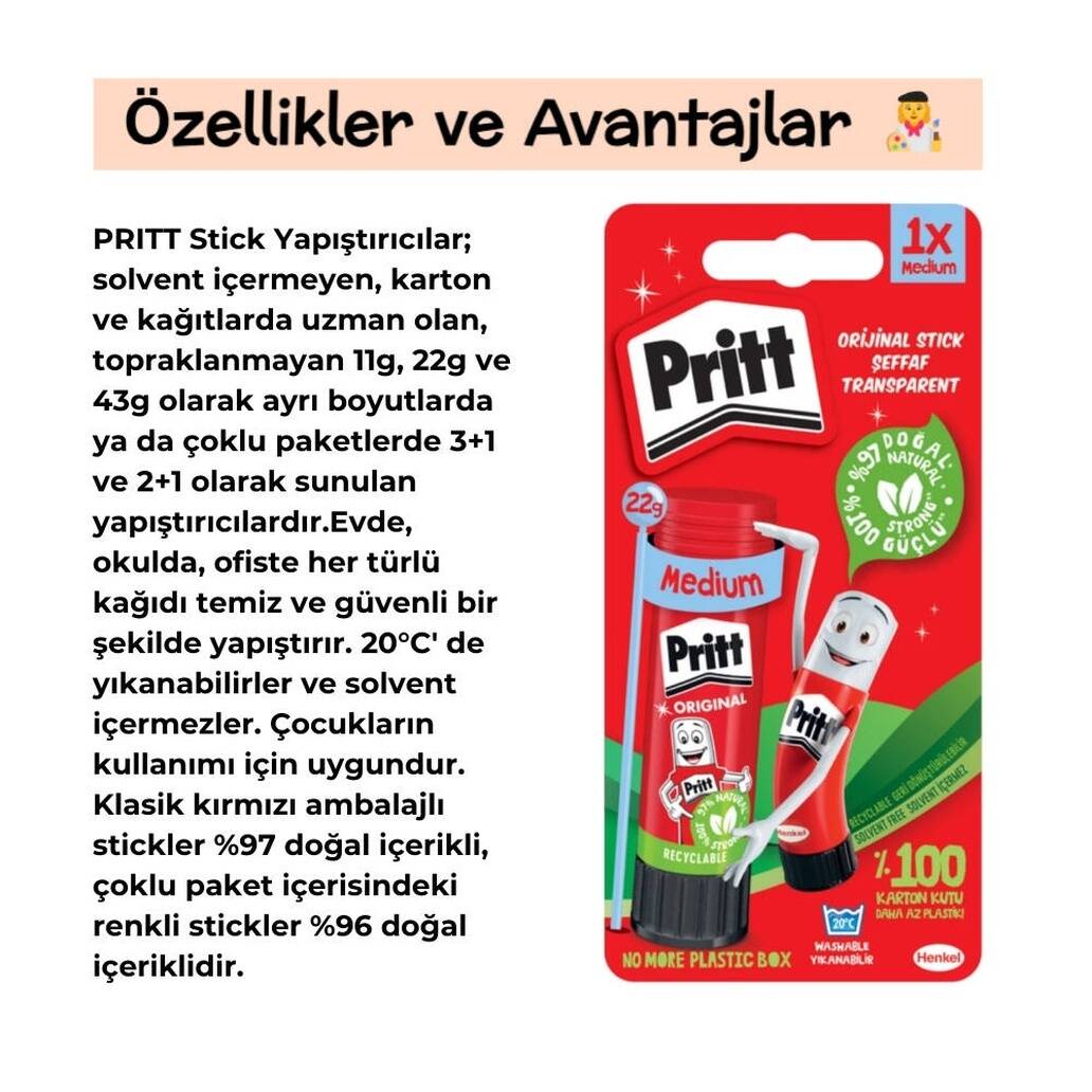 Pritt Stick Yapıştırıcı, 22 gr, Kağıt ve Karton İçin, Solvent İçermez