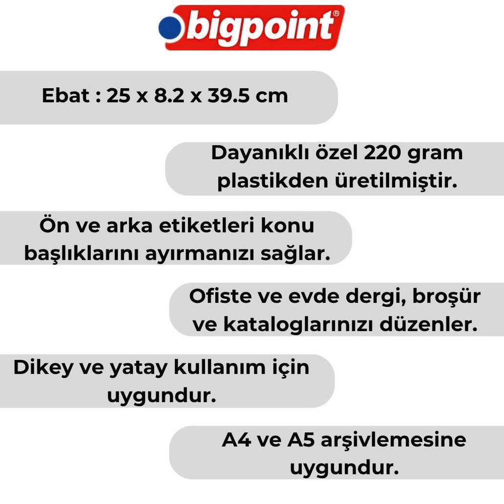 Bigpoint Plastik Kutu Klasör, 10 Adet, Dikey - Yatay, A4 - A5, Mavi