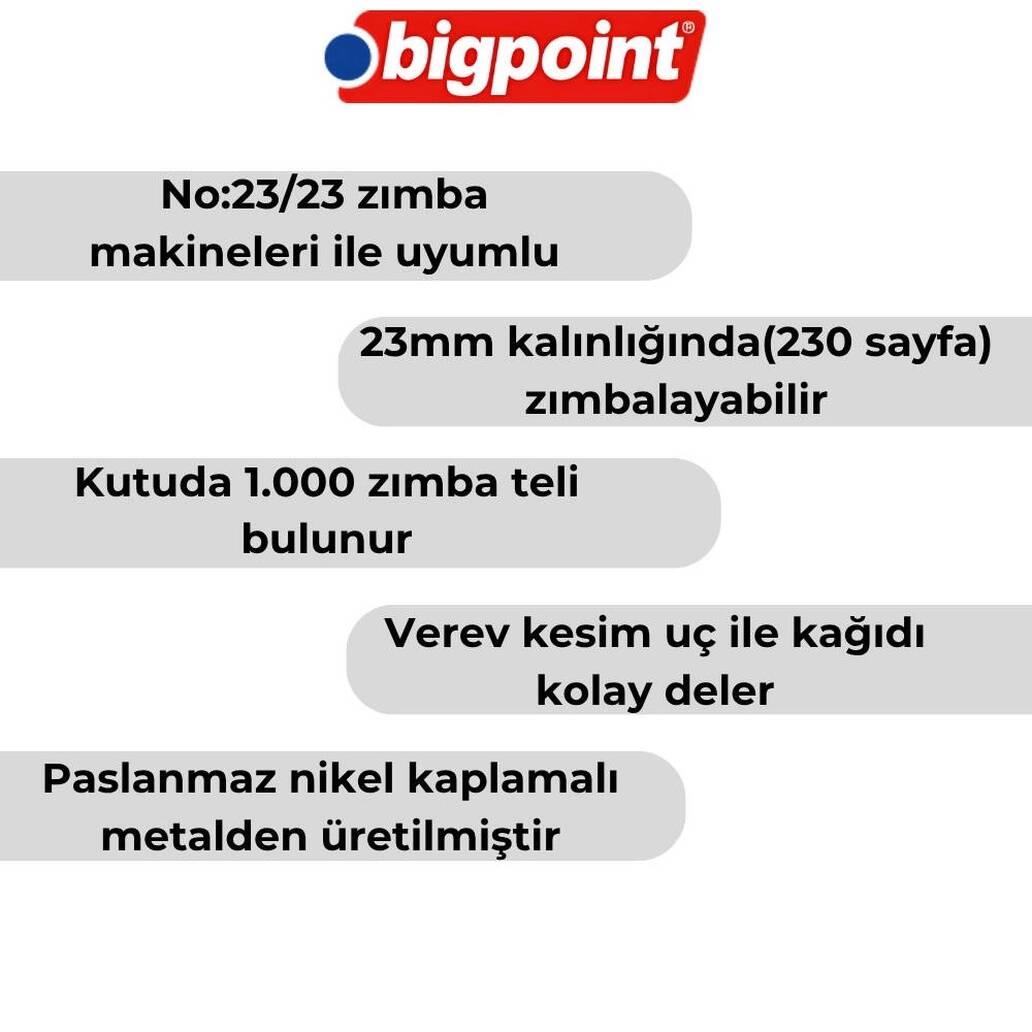 Bigpoint Zımba Teli No: 23/23, 1000 Adet, 10 Adet Kutu, 230 Sayfa Uyum
