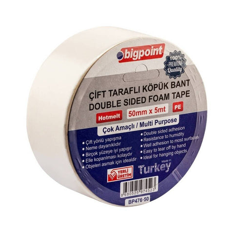 Bigpoint Çift Taraflı Köpük Hotmelt Bant, 50mm x 5m, Montaj İçin İdeal