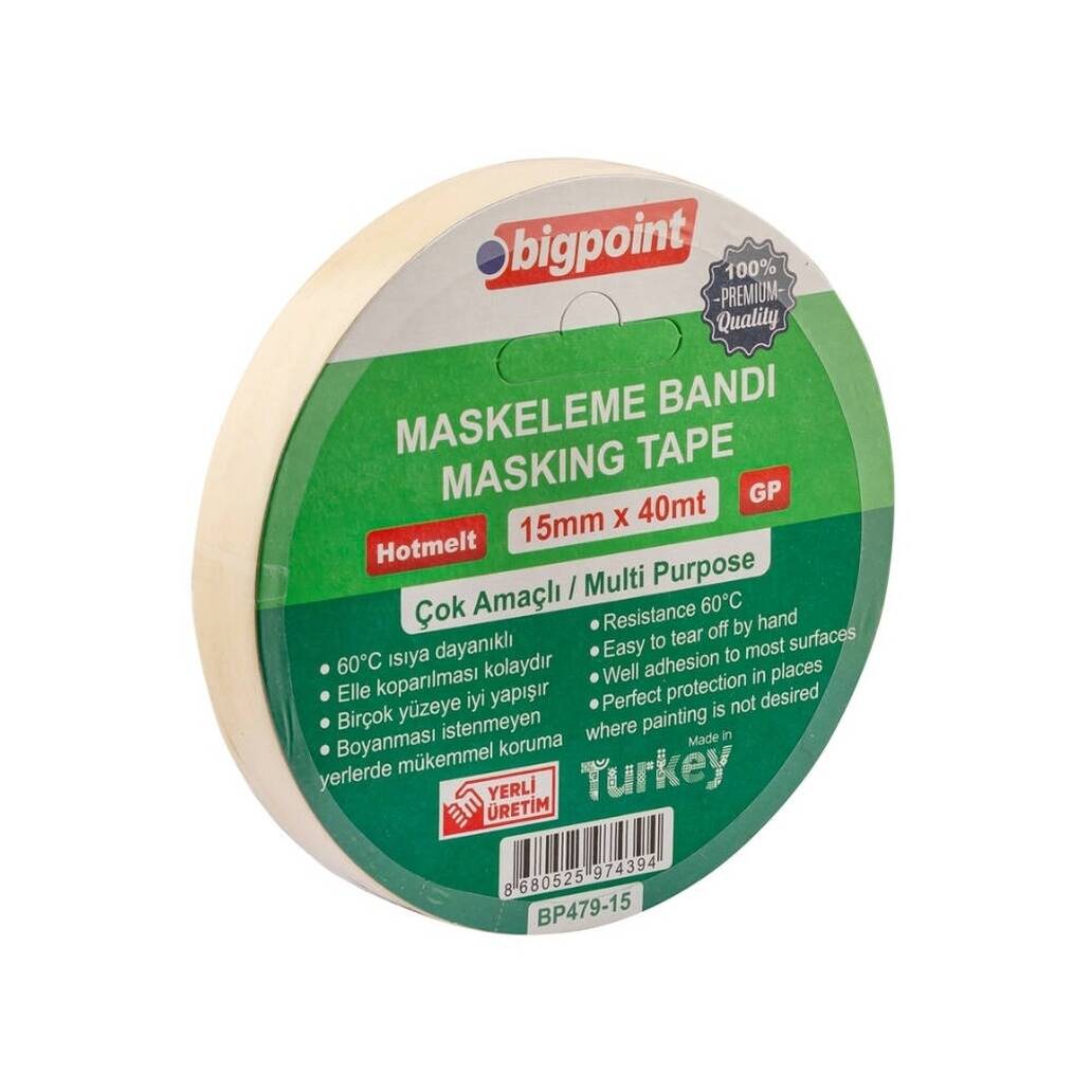 Bigpoint Maskeleme Bandı, 15 mm x 40 m, Hotmelt Tutkallı, Özel Yapışma