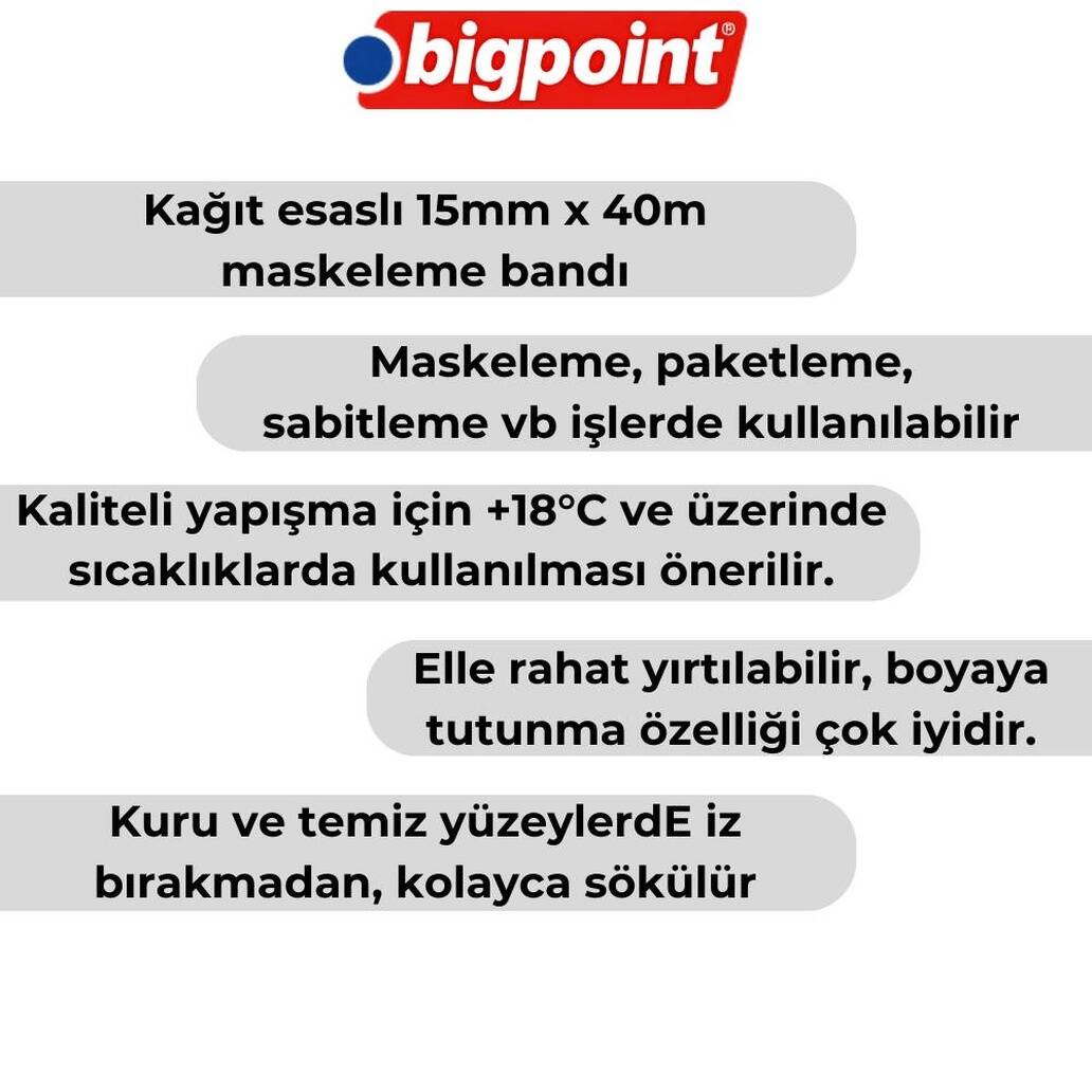 Bigpoint Maskeleme Bandı, 15 mm x 40 m, Hotmelt Tutkallı, Özel Yapışma