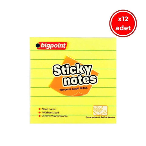 Bigpoint Çizgili Postit, 12 Adet, 100 Yapraklı, 75 x 75 mm, Neon Sarı