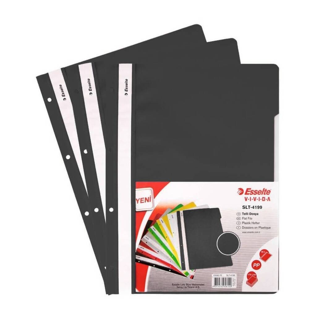 Esselte Telli Dosya, 10 Adet, 50'li Paket, A4, 4 Delikli, Siyah