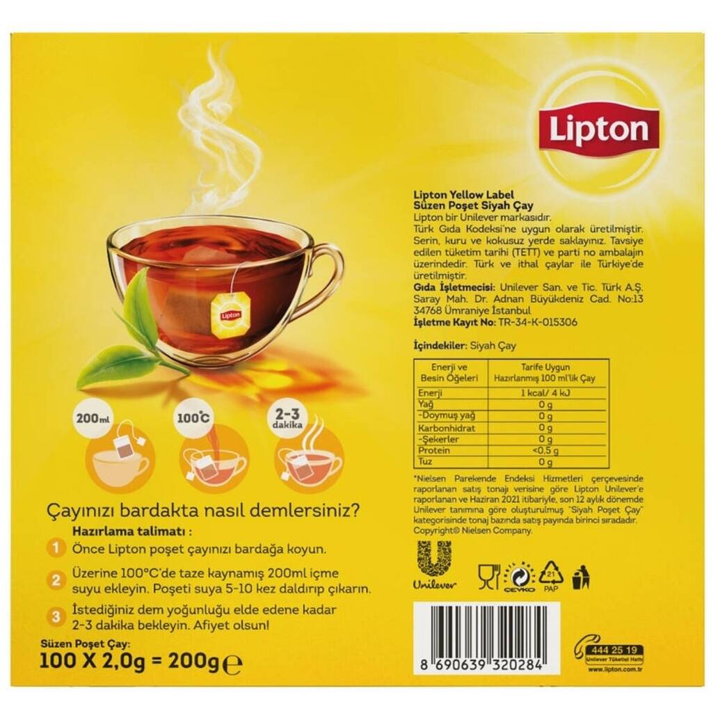 Lipton Bardak Poşet Çay, Yellow Label, 100'lü Paket, Lezzetli