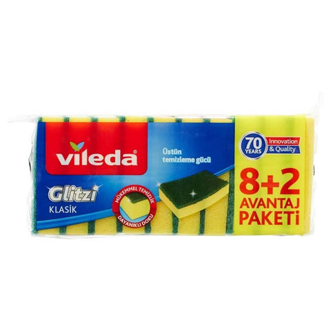 Vileda Sünger, Klasik, Yeşil Renk, Düz, 8+2'li Paket, Dayanıklı