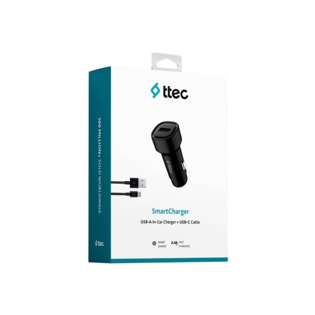 Ttec SmartCharger Araç Şarj  Aleti, USB-C Kablo, 2.4A, 12W, Siyah