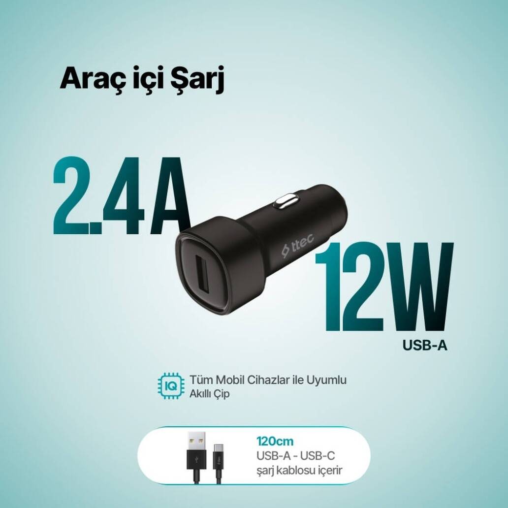 Ttec SmartCharger Araç Şarj  Aleti, USB-C Kablo, 2.4A, 12W, Siyah