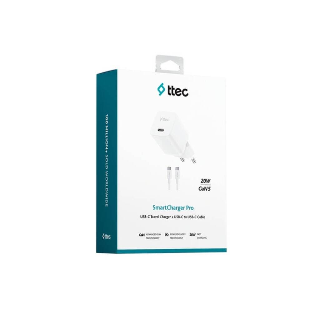Ttec SmartCharger Seyahat Hızlı Şart Aleti + USB-C-USB-C Kablo, Beyaz