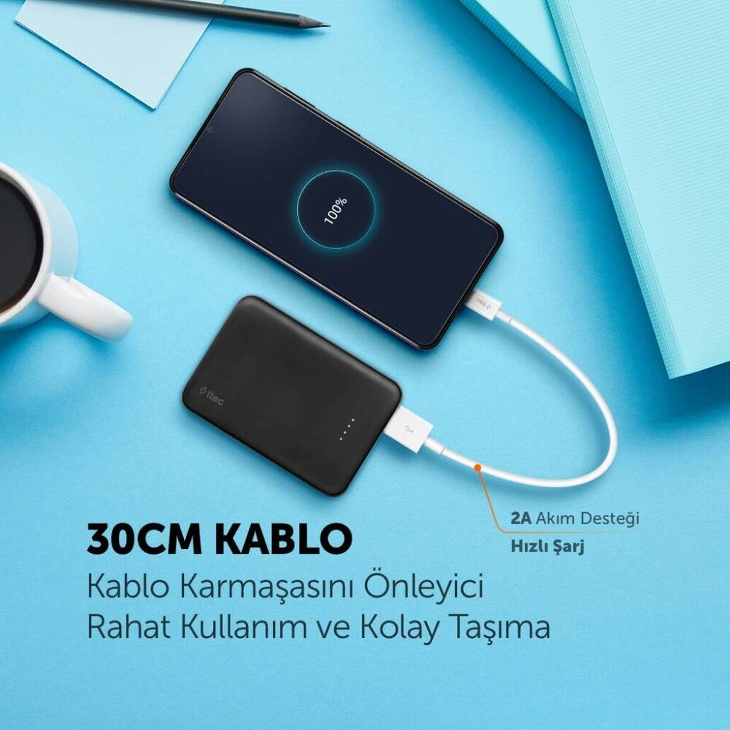 Ttec MiniCable Şarj Kablosu,  USB-A-USB-C, 30 cm, 2A Hızlı Şarj, Beyaz