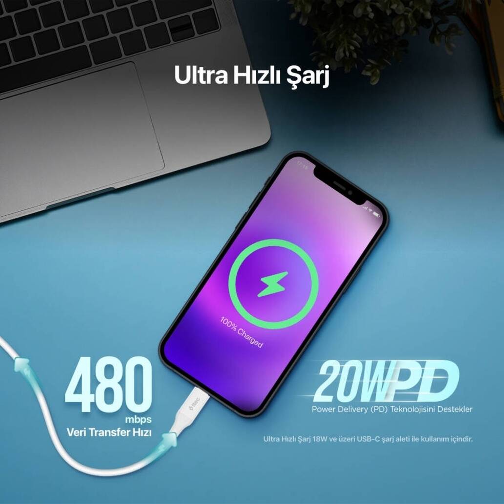 Ttec Hızlı Şarj Kablosu, USB-C - Lightning , 1.5 m Beyaz