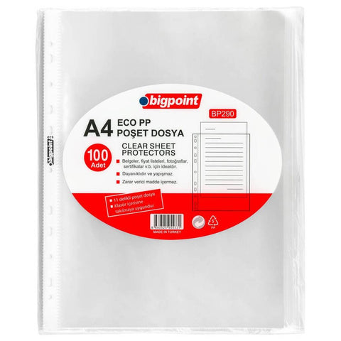 Bigpoint Poşet Dosya, A4, 100’lü, Eco Şeffaf, Klasör İçin Uygun