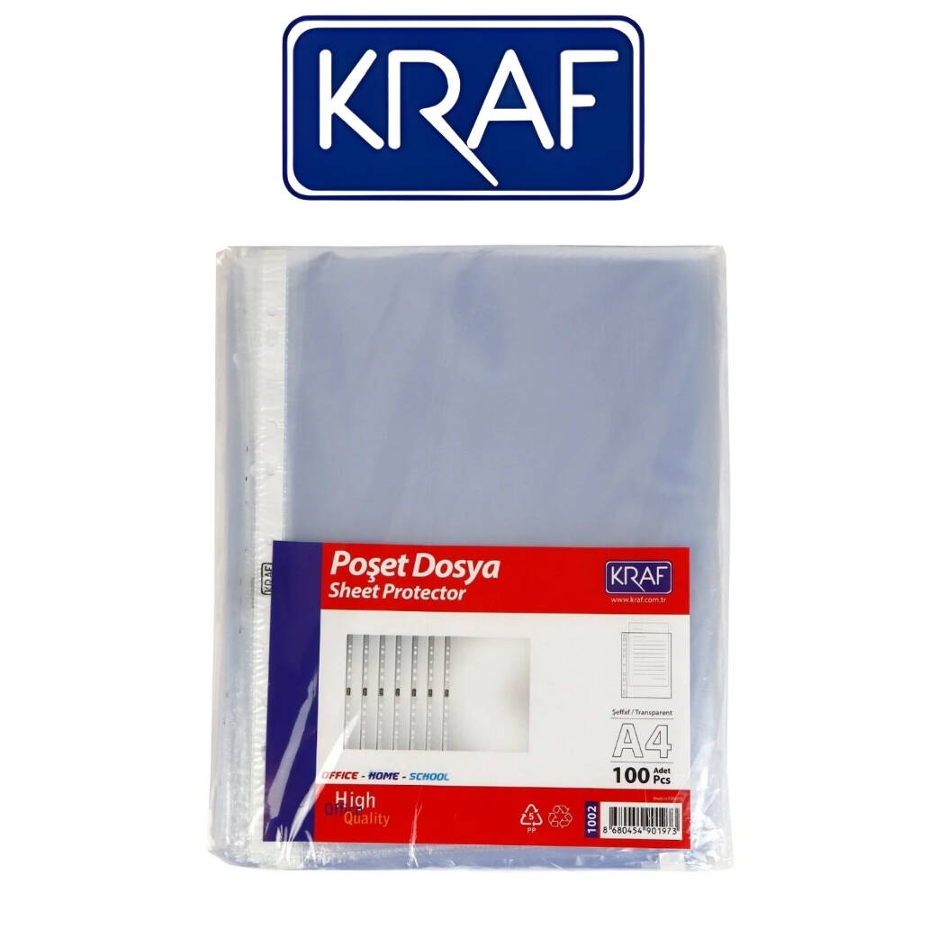 Kraf XL Poşet Dosya, 10 Adet, 100'lü Paket, A4 Boyut, Şeffaf