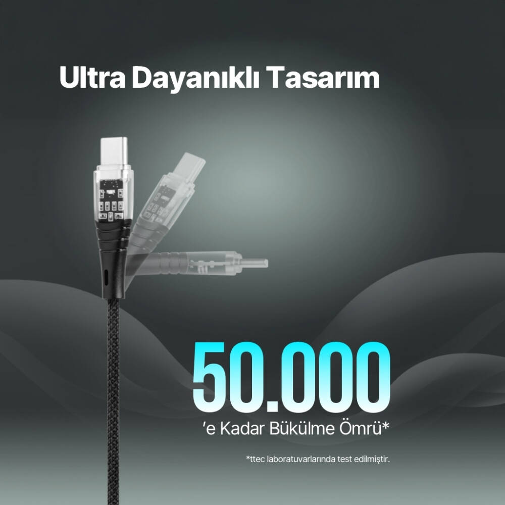 Ttec ExtremeCable Transparan Şarj Kablosu, USB-C –USB-C, 1.2 m, Siyah