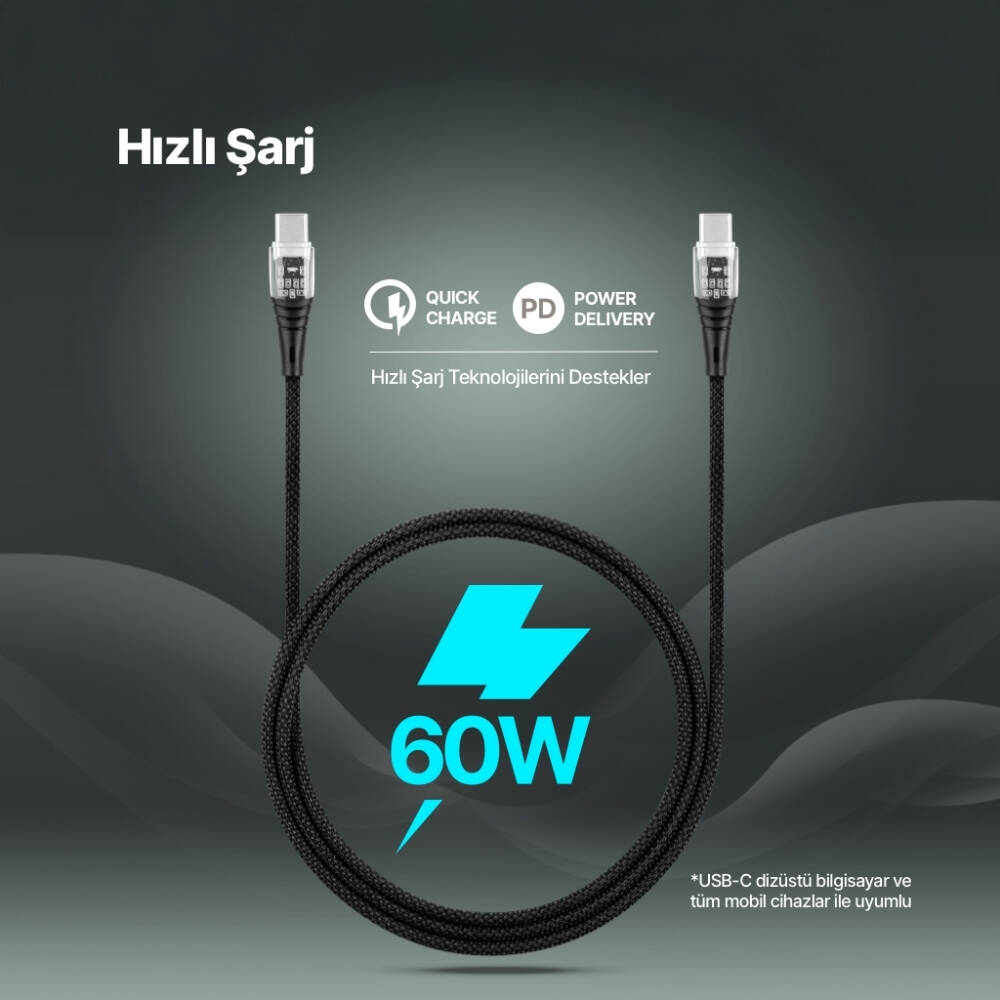 Ttec ExtremeCable Transparan Şarj Kablosu, USB-C –USB-C, 1.2 m, Siyah