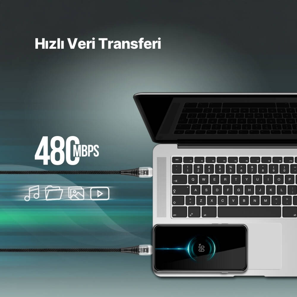Ttec ExtremeCable Transparan Şarj Kablosu, USB-C –USB-C, 1.2 m, Siyah