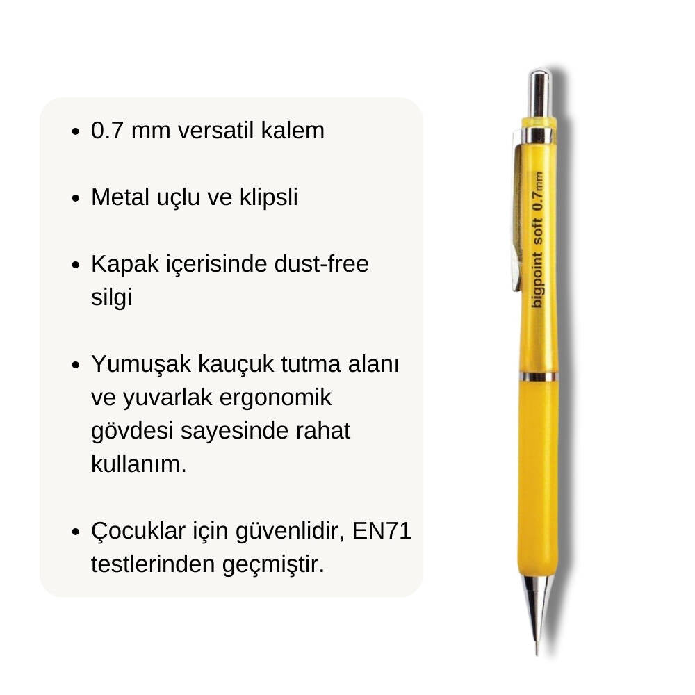 Bigpoint Soft Versatil Kalem, 0.7 mm, Metal Uç, Kauçuk Gövde, Sarı