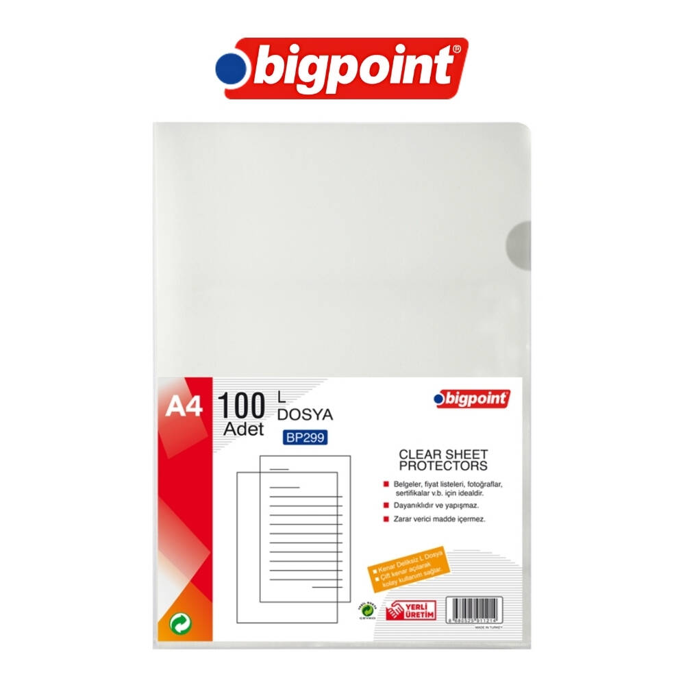 Bigpoint L Dosya, Standart, 90 Mikron, 100'lü, A4, Kolay Arşivleme