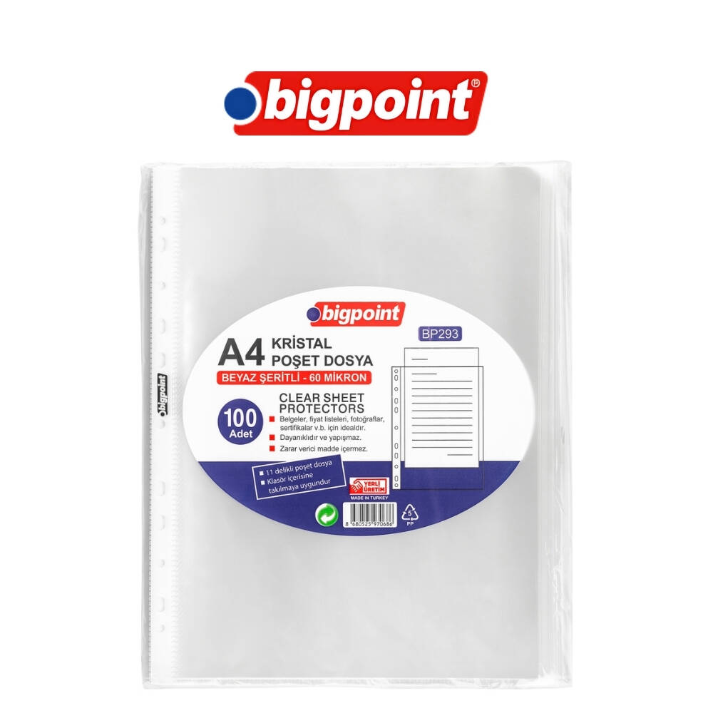 Bigpoint Poşet Dosya, Kristal, 60 Mikron, 100'lü,  A4, 11 Delikli