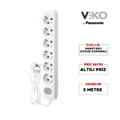 Viko | Altılı Grup Priz, Anahtarlı Topraklı - Çocuk Korumalı Çoğaltıcı Priz, 6'lı, 2 m, Beyaz - Rodoplu Store