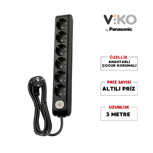 Viko | Altılı Grup Priz, Anahtarlı Topraklı - Çocuk Korumalı Çoğaltıcı Priz, 6'lı, 3 m, Siyah - Rodoplu Store