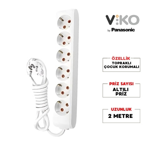 Viko | Altılı Grup Priz, Topraklı - Çocuk Korumalı Çoğaltıcı Priz, 6'lı, 2 m, Beyaz - Rodoplu Store