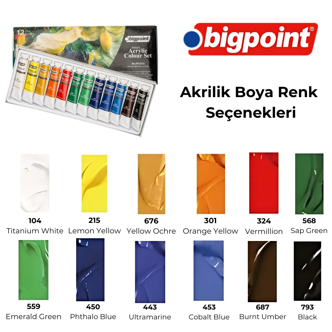 Bigpoint | Artist's Tüp Akrilik Boya Seti, 12 ml Hazneli Yüksek Akışkanlığa Sahip Boya, 12 Farklı Renkli Set - Rodoplu Store