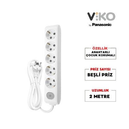 Viko | Beşli Grup Priz, Anahtarlı Topraklı - Çocuk Korumalı Çoğaltıcı Priz, 5'li, 2 m, Beyaz - Rodoplu Store