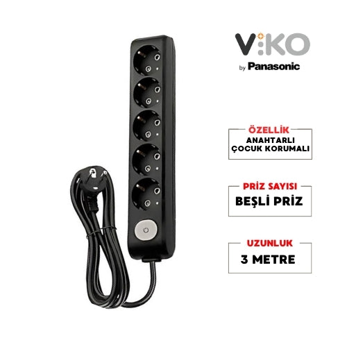 Viko | Beşli Grup Priz, Anahtarlı Topraklı - Çocuk Korumalı Çoğaltıcı Priz, 5'li, 3 m, Siyah - Rodoplu Store