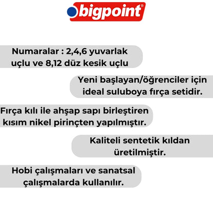 Bigpoint | 985 Serisi Sentetik Kıl Fırça Seti, 5'li, Yuvarlak ve Düz Kesik Uçlu, No: 2, 4, 6, 8, 12