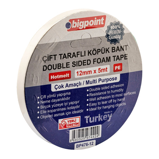 Bigpoint | Çift Taraflı Köpük Bant Dayanıklı Montaj Bandı, 12 mm x 5 m - Rodoplu Store