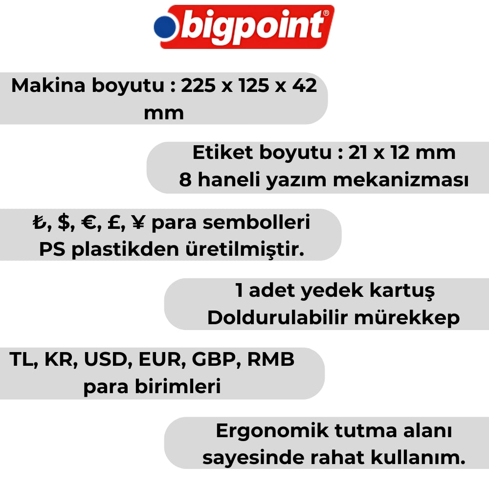 Bigpoint | Etiket Makinesi, Doldurulabilir, 8 Haneli Yazım, 21x12 mm Etiket, Fiyat Etiketi Uygunluğu, Siyah