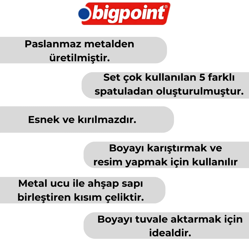 Bigpoint | Metal Spatula Seti, 5'li, Paslanmaz Çelik Bıçaklar, Ahşap Sap, Resim ve Boya Karıştırma İçin İdeal