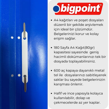 Bigpoint | Telli Dosya, Poşet Dosyalara Uyumlu - 80 gram (180 Adet A4) Kapasiteli,  Beyaz