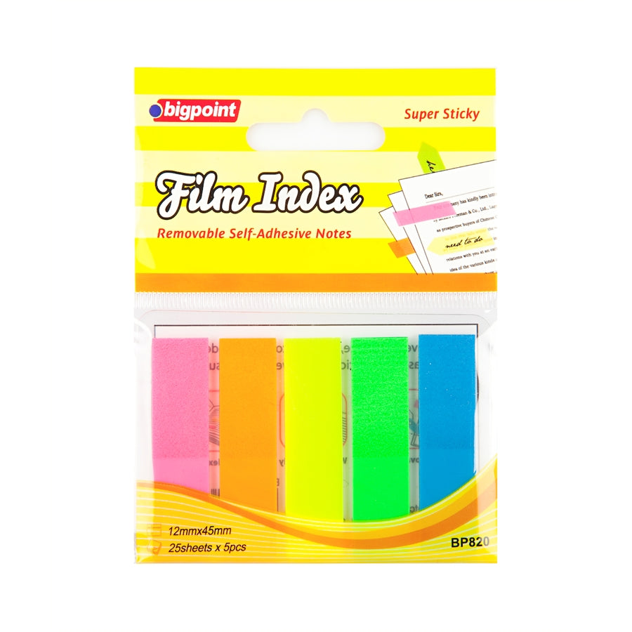 Bigpoint | Yapışkanlı Film Index, 12x45 mm, 5 Renk x 25 Yaprak, Şeffaf ve Yeniden Yapışabilir