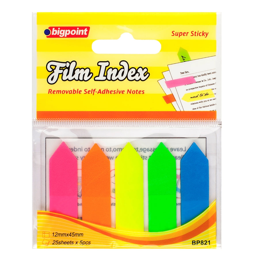 Bigpoint | Yapışkanlı Film Index Ok, 12x45 mm, 5 Renk x 25 Yaprak, Şeffaf ve Yeniden Yapışabilir