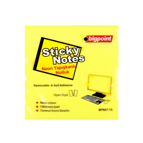 Bigpoint Yapışkanlı Not, 75x75 mm, 100 Yaprak, Neon Sarı, İz Bırakmaz ana görseli