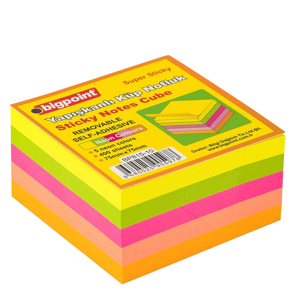 Bigpoint Yapışkanlı Not Kağıdı Küp, Super Sticky, 75x75mm, 5 Neon Renk ana görseli