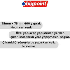 Bigpoint | Yapışkanlı Super Sticky Küp 75x75mm Neon Sarı 400 Yaprak – İz Bırakmaz ana görseli