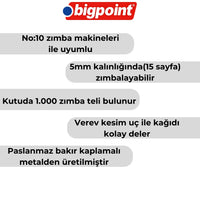 Bigpoint Zımba Teli No:10, Sarı, 1000 Adet, 15 Sayfa Kapasiteli görseli