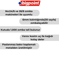 Bigpoint Zımba Teli No:24/6, Sarı, 1000 Adet, 30 Sayfa Kapasiteli görseli