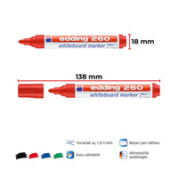 Edding | Beyaz Tahta Kalemi E-260, Kırmızı, Yuvarlak Uçlu, 1.5-3 mm, Kuru Silinebilir, Düşük Kokulu görseli