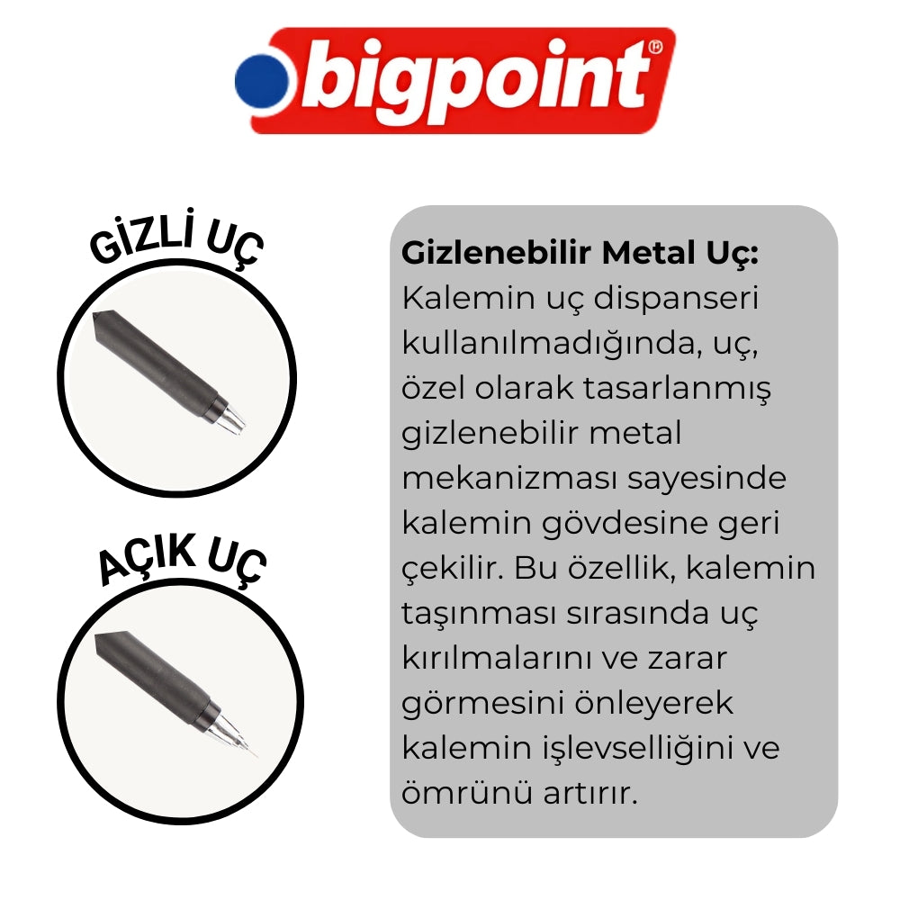 Bigpoint | Grip Versatil Kalem, Gizlenebilir Metal Uçlu, Yumuşak Gövdeli Mekanik Uçlu Kalem, 0.7 mm Açık Mavi - Rodoplu Store