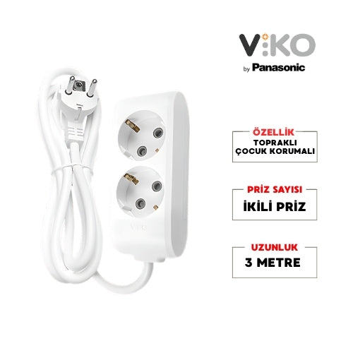 Viko | İkili Grup Priz, Topraklı - Çocuk Korumalı Çoğaltıcı Priz, 2'li, 3 m, Beyaz - Rodoplu Store