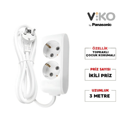 Viko | İkili Grup Priz, Topraklı - Çocuk Korumalı Çoğaltıcı Priz, 2'li, 3 m, Beyaz - Rodoplu Store