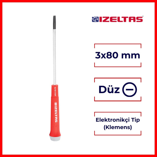 İzeltaş | Elektronikçi Tip Klemens Tornavida, Düz 3x80 mm, Hassas İşçilik