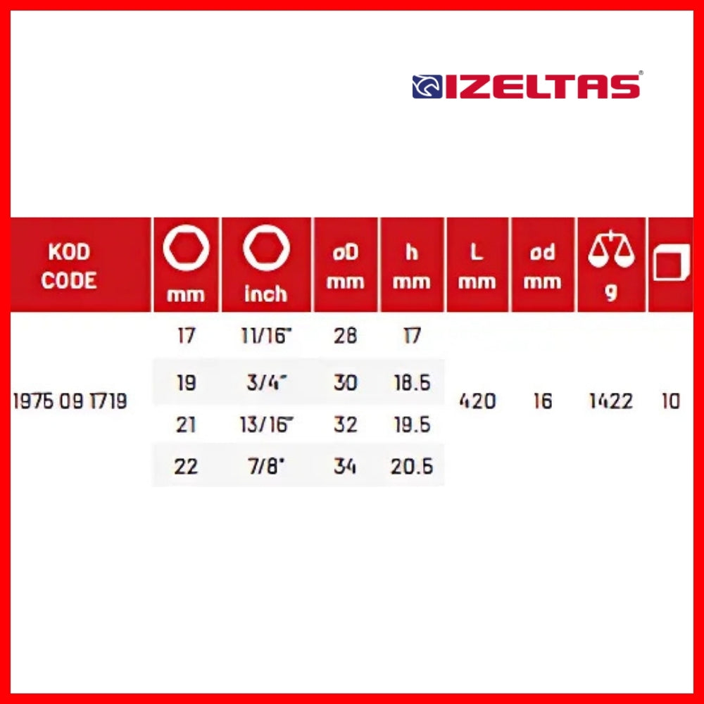 İzeltaş | İstavroz Tipi Bijon Anahtarı, 17x19 - 21(13/16)x22 mm, Dayanıklı Çelik