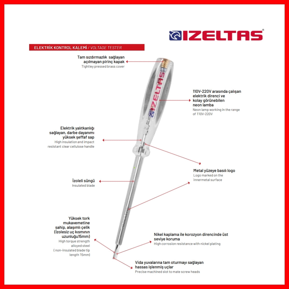 İzeltaş | Kontrol Kalemi, 135 mm, Elektrik Akımı Testi için Güvenli ve Hassas